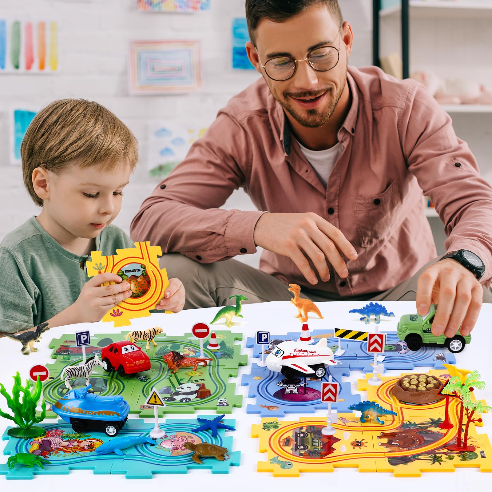 VESPRO 4 Series Toddler Car Track Set, 68PCS Kids Car Track Play Set, Educational Puzzle Toys for Kids Ages 3+ Boys and Girls