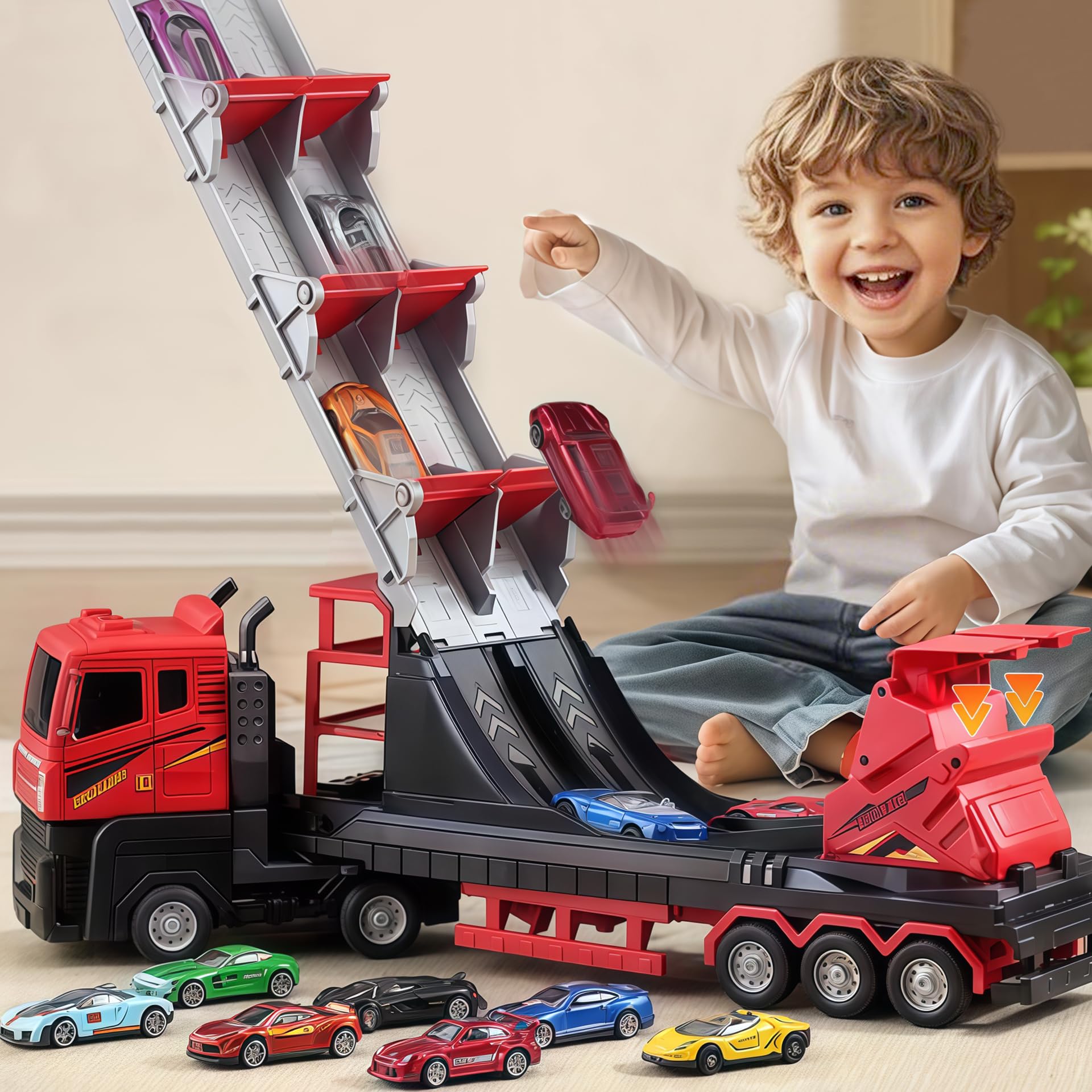 Photo 1 of Wipalor Carrier Toy Trucks Rack Track with 6 Metal Cars, Toddler Kid Toys Boys Girls Toy Truck Birthday Christmas for Ages 3 4 5 6 7 8+ Year Old, Foldable 2 Layer Transport Truck Toys