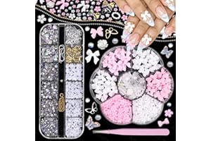 ANOLEAIR 3D Bows Nail Art, Nail Charms and Flatback Pearls Gems Set, Flower Butterfly Bows 3D Asssorted Nail Charms, 3D Nail Charms and Gems Nail Decals Nail Pearls for Nail Art DIY with Pickup Tools