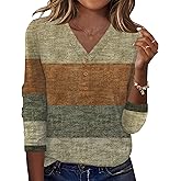 Ivicoer Womens Long Sleeve Tops Henley Shirts for Women Fall Fashion 2025 V Neck Loose Fit Tunic Tops Caramel Gray Stripe M