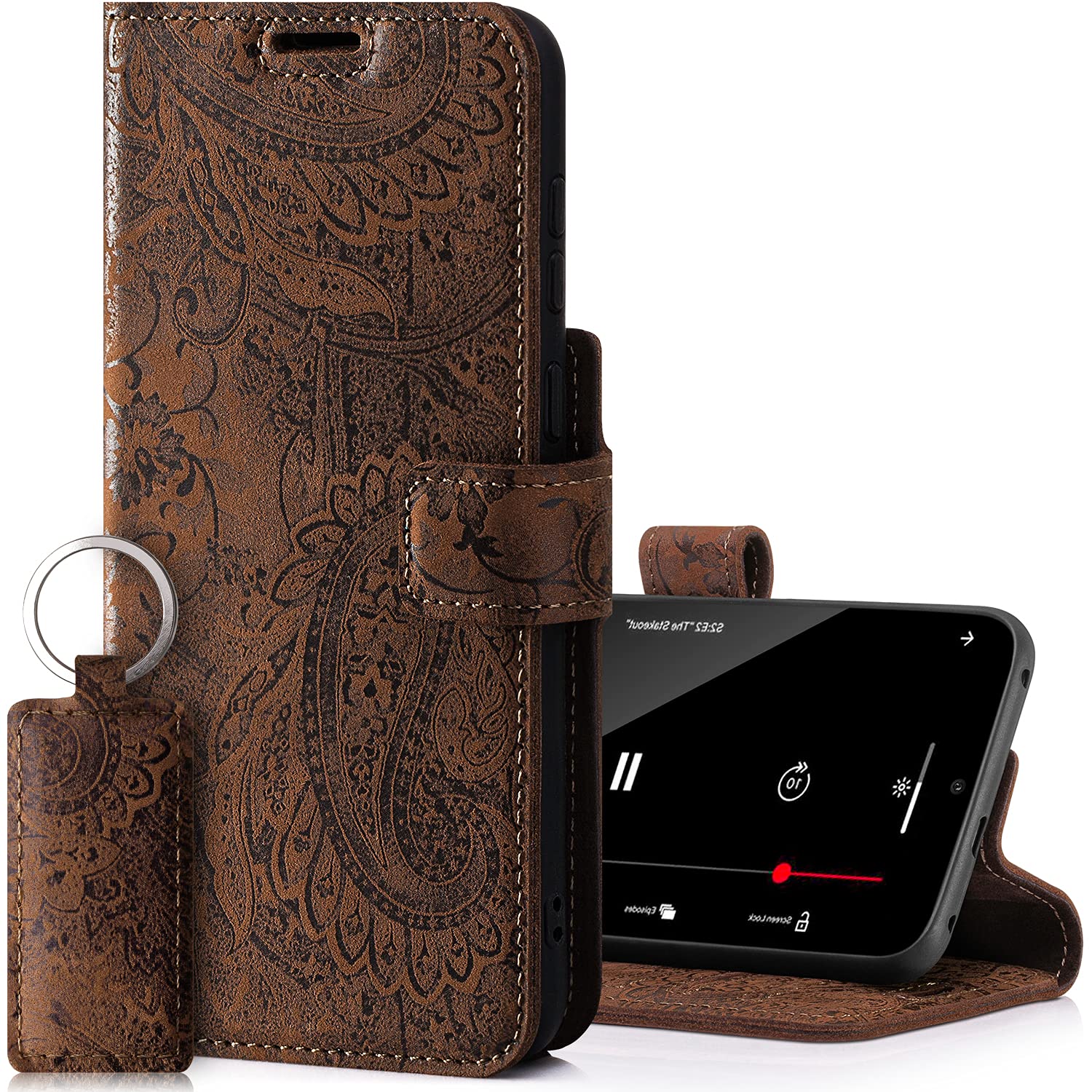 SURAZO Prestige Leather Case for Apple iPhone 13 Pro Max - RFID Wallet Flip Cover with 3 Card Slots & Cash Pocket - Secure Magnetic Closure & Kickstand - Real Leather Folio Bumper (Ornament Brown) — image 1