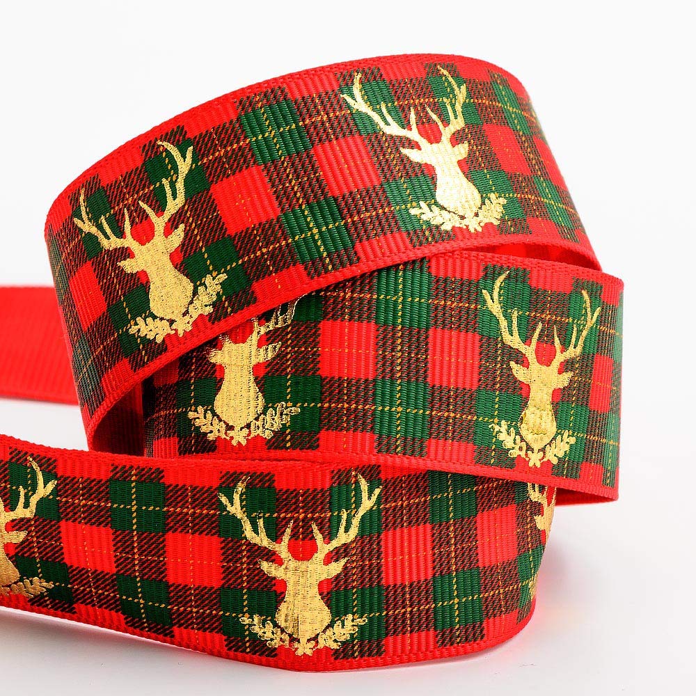 Italian Options Grosgrain Red Stag Tartan Ribbon, Scottish Christmas Ribbon for Crafts, Gift Wrapping, Wreaths, Tree Decorations, Hair Bows, Tartan Red, Gold Foil Stag, 25 mm x 10 Metre Roll