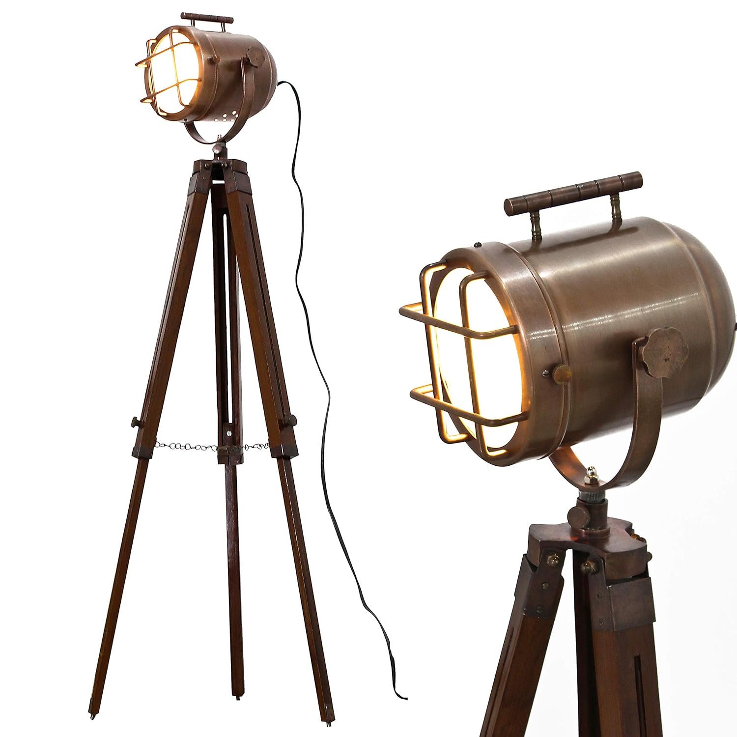 Antique Rusty Searchlight Tripod Marine Spotlight Floor Stand LED Studio Lamps Nautical Adjustable Legs