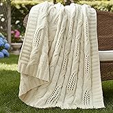 Am&eacute;lie Home Cable Knit Chenille Throw Blanket, Cream White 50&times;60 | Classic Cable Knit, Dual-Sided Softness, Modern Farmhouse Style, Breathable Comfort, Cozy Throw for Couch, Sofa &amp; Chair