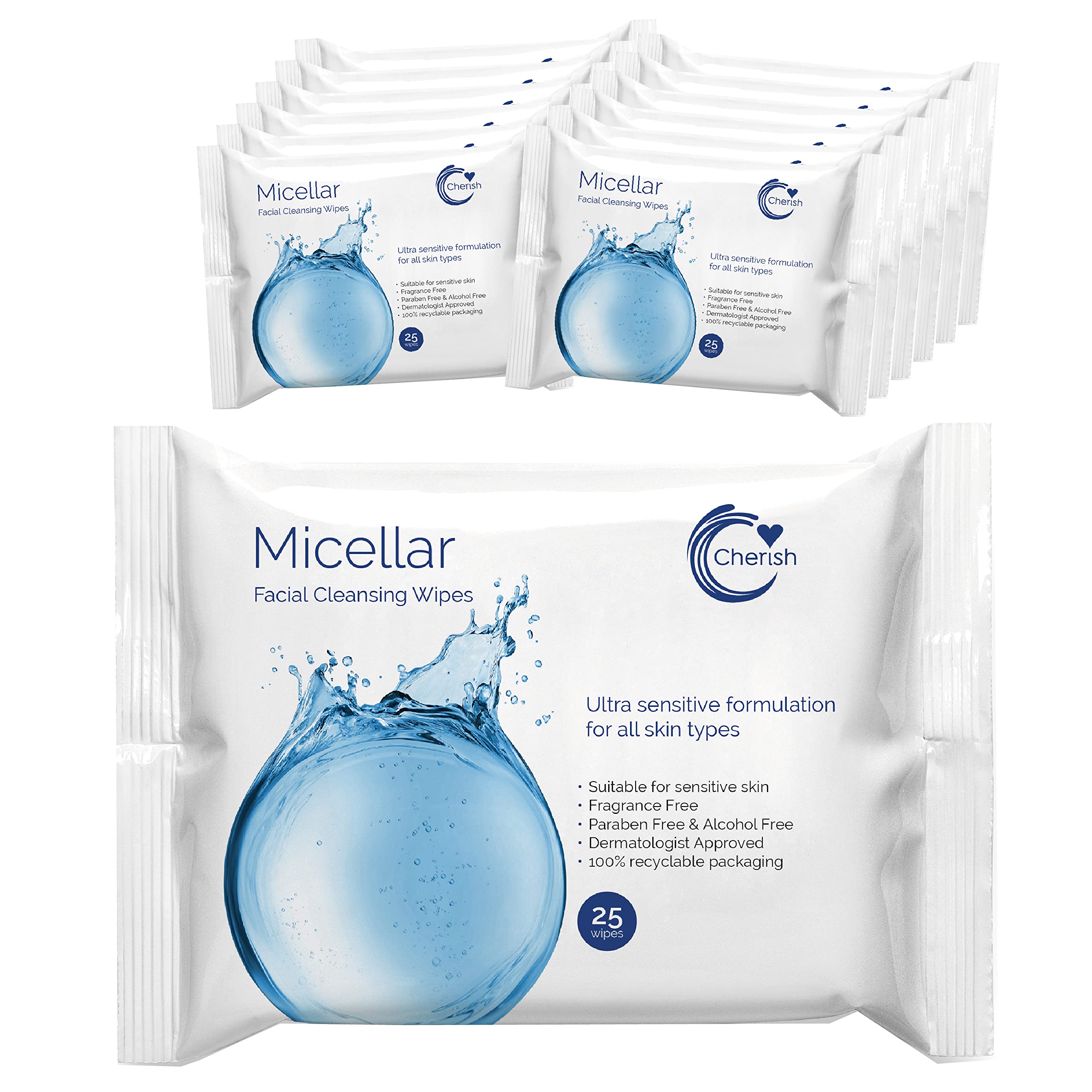 Cherish Hypoallergenic Facial Cleansing Micellar Water Wipes, Make Up Removal, Sensitive Skin (12 packs x 25 wipes totaling 300 wipes)