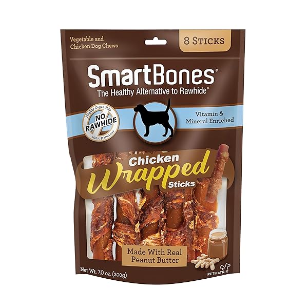 SMARTBONES CHICKEN-WRAPPED STICKS, TREAT YOUR DOG TO A RAWHIDE-FREE CHEW MADE WITH REAL CHICKEN AND PEANUT BUTTER 8 COUNT (PACK OF 1)