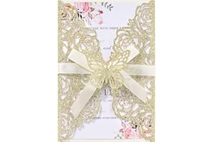 Maffily 50PCS Gold Glitter Laser Cut Wedding Invitation with Butterfly Ribbons Hollow Rose Shape Wedding Invitations with Envelopes and Rsvp Cards for Wedding Bridal Shower QuinceañEra Engagement