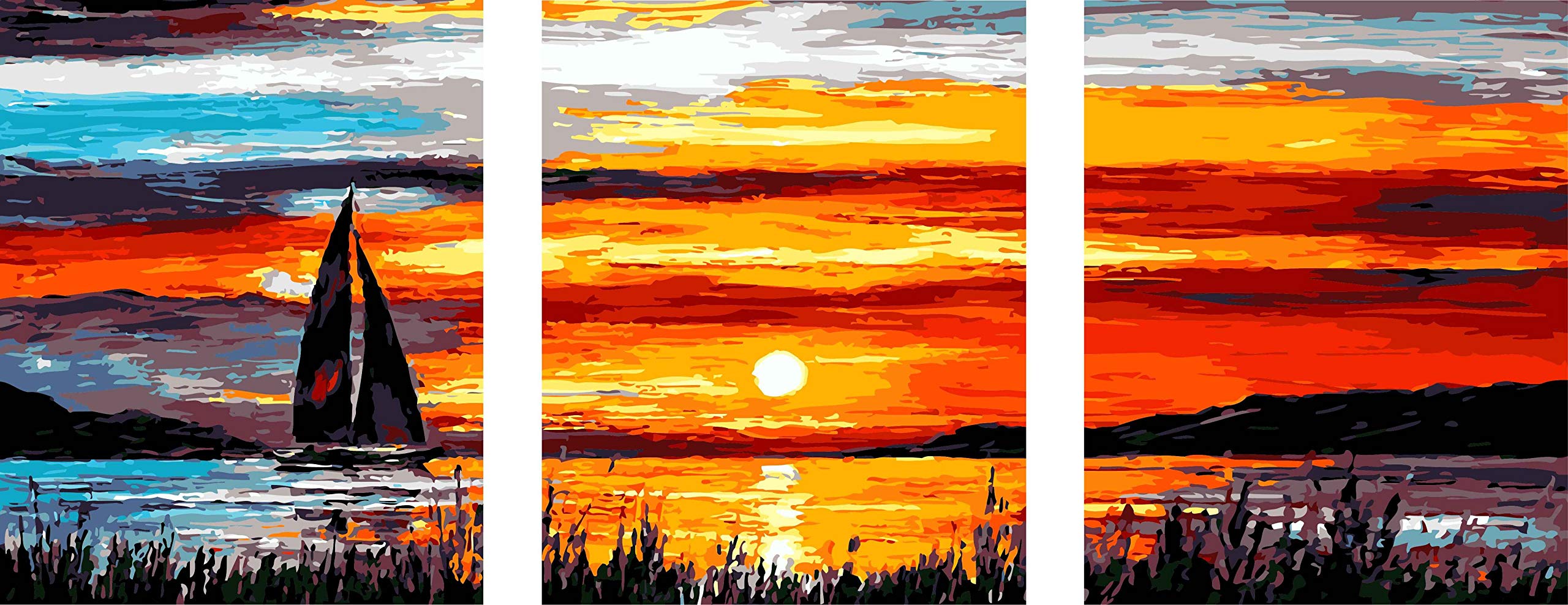 YEESAM ART New Paint by Numbers for Adults Set Pack of 3 Multi Pack Pieces Panels Canvas - Sailboat Riverside Romantic Sunset 3 x 16 * 20 inches Linen Canvas - DIY Digital Painting by Numbers Kits