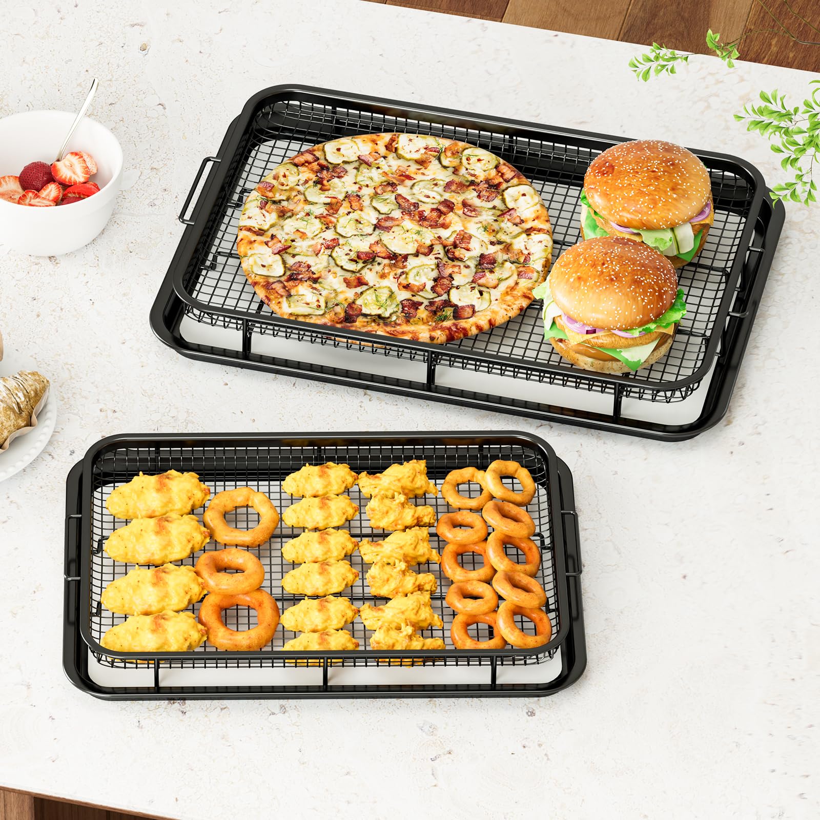 Air Fryer Basket for Oven, 2 Set Air Fryer Basket and Tray Set with 60 Sheets Parchment Papers,THORSES Stainless Steel NonStick Air Fryer Pan and Crisper Tray-Black Large15.7“×11.6” & Medium12.8