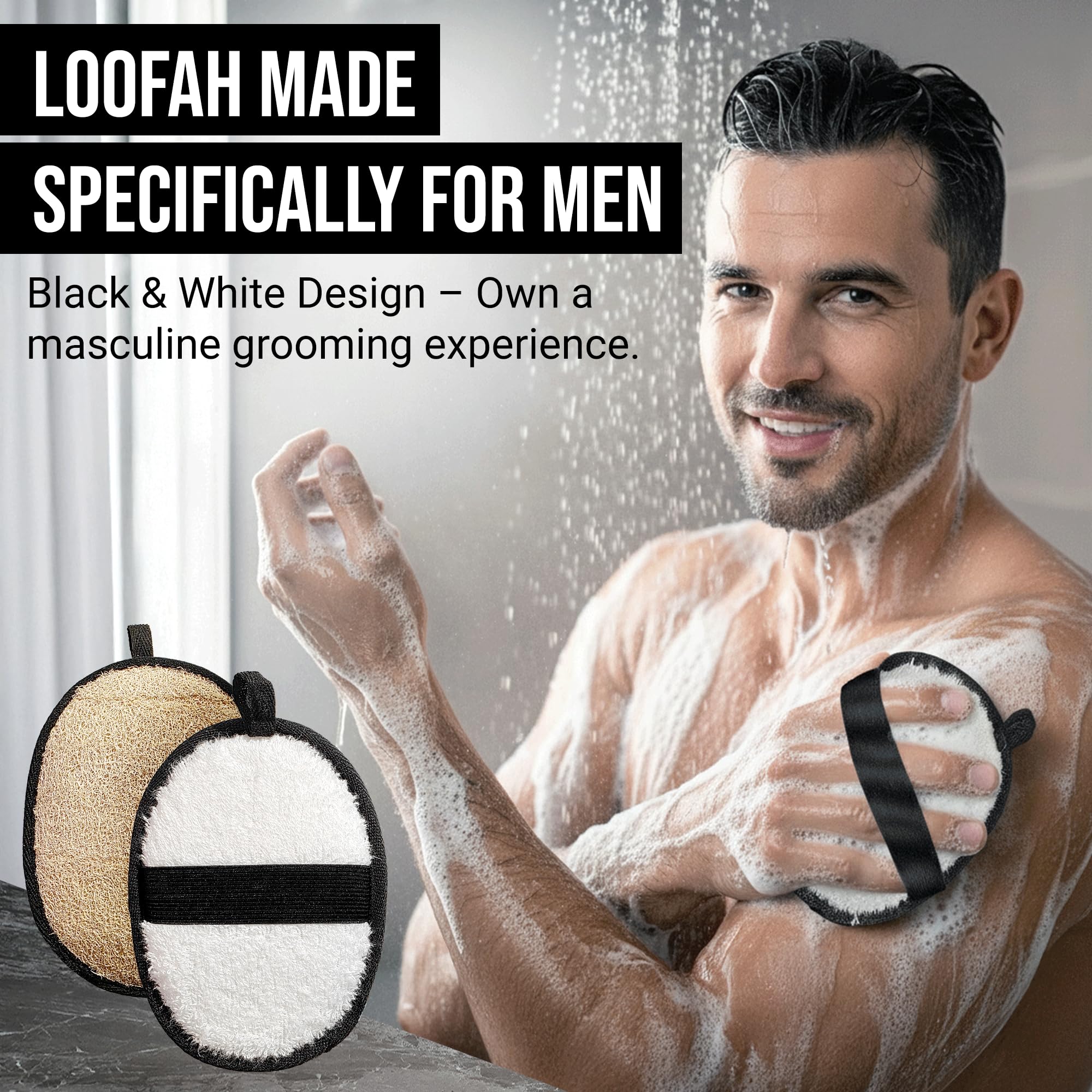 Loofah Body Scrubber for Men – Body Wash & Scrubbing Luffa, Rugged Yet Gentle Lufas for Smoother & Healthier Skin, Terry Cloth Pad for Manly Skin Care, Black & White Masculine Design Loufas Sponge