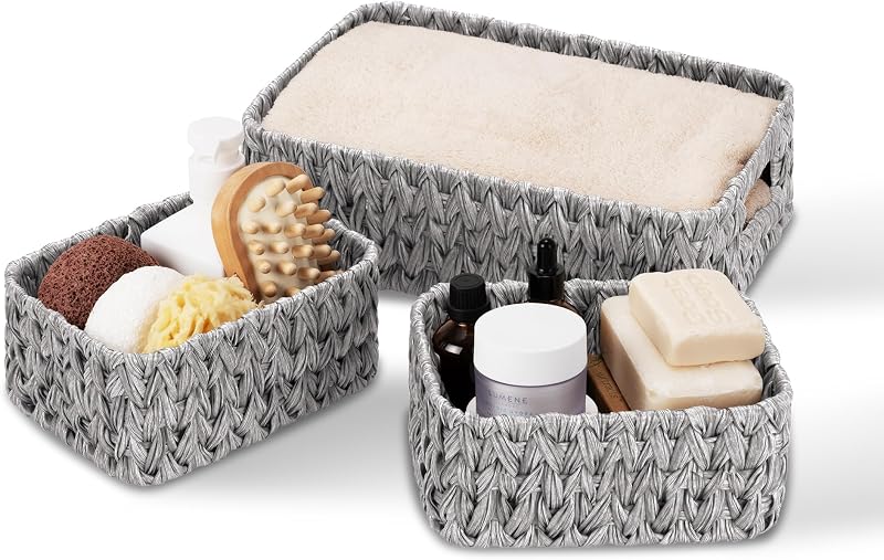 GRANNY SAYS Wicker Storage Baskets Set of 3 Large and Small Grey
