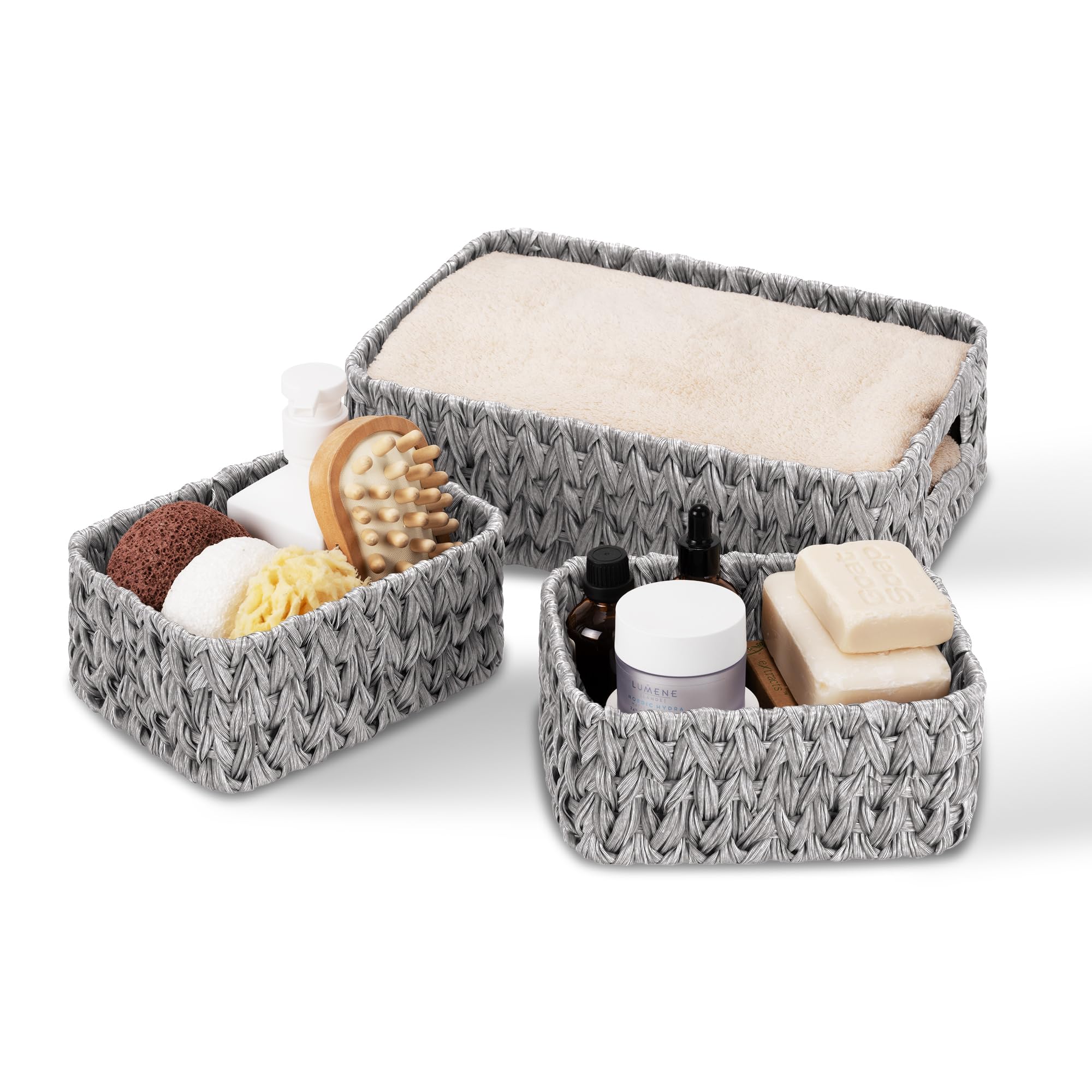 GRANNY SAYS Wicker Storage Baskets, Pack of 1 Large Woven Storage Box and 2 Small Wicker Baskets Waterproof, Bathroom Counter Organisers, Toilet Basket Tank Topper, Grey