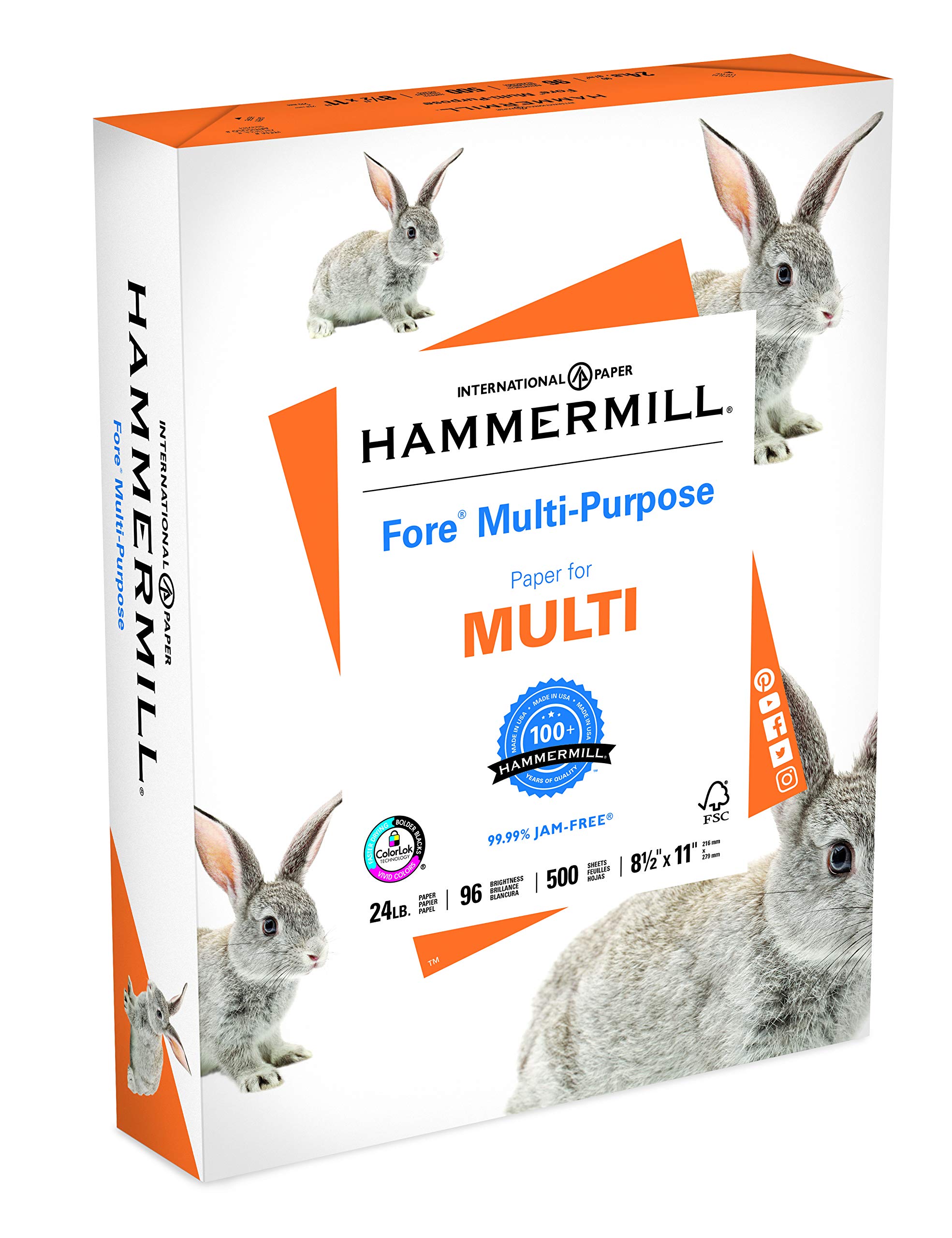 Hammermill Paper, Fore Multipurpose Paper, 8.5 x 11 Paper, Letter Size, 24lb Paper, 96 Bright, 1 Ream / 500 Sheets (103283R) Acid Free Paper