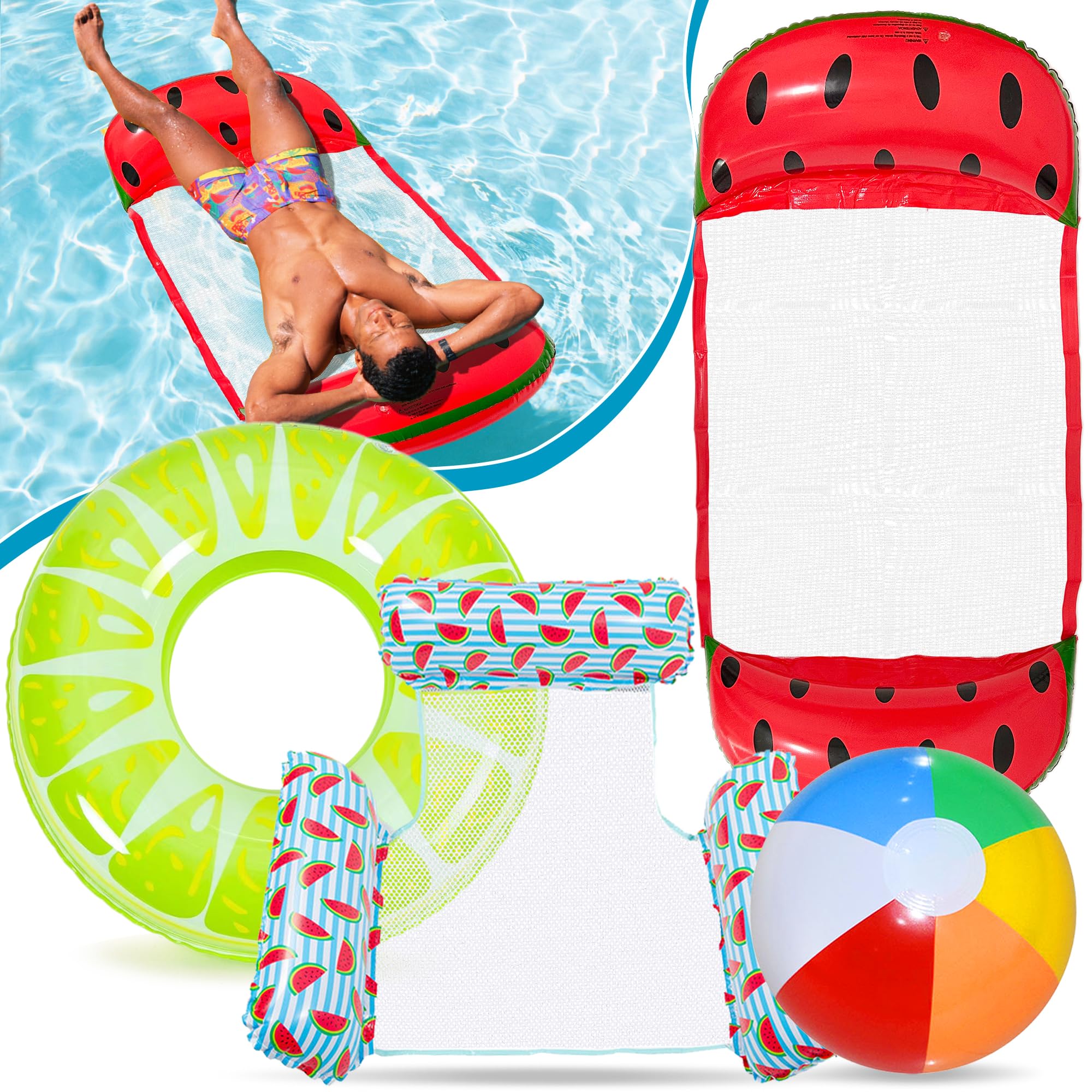 Lubibi Pool Float Water Hammock,Swimming Pool Floating Chair, 4 in 1 Pool Floats Set, 2 Fruit Water Water Hammock Lounge Armchair, Swimming Ring, Beach Ball, Relaxing Water Toys for Adults Kids