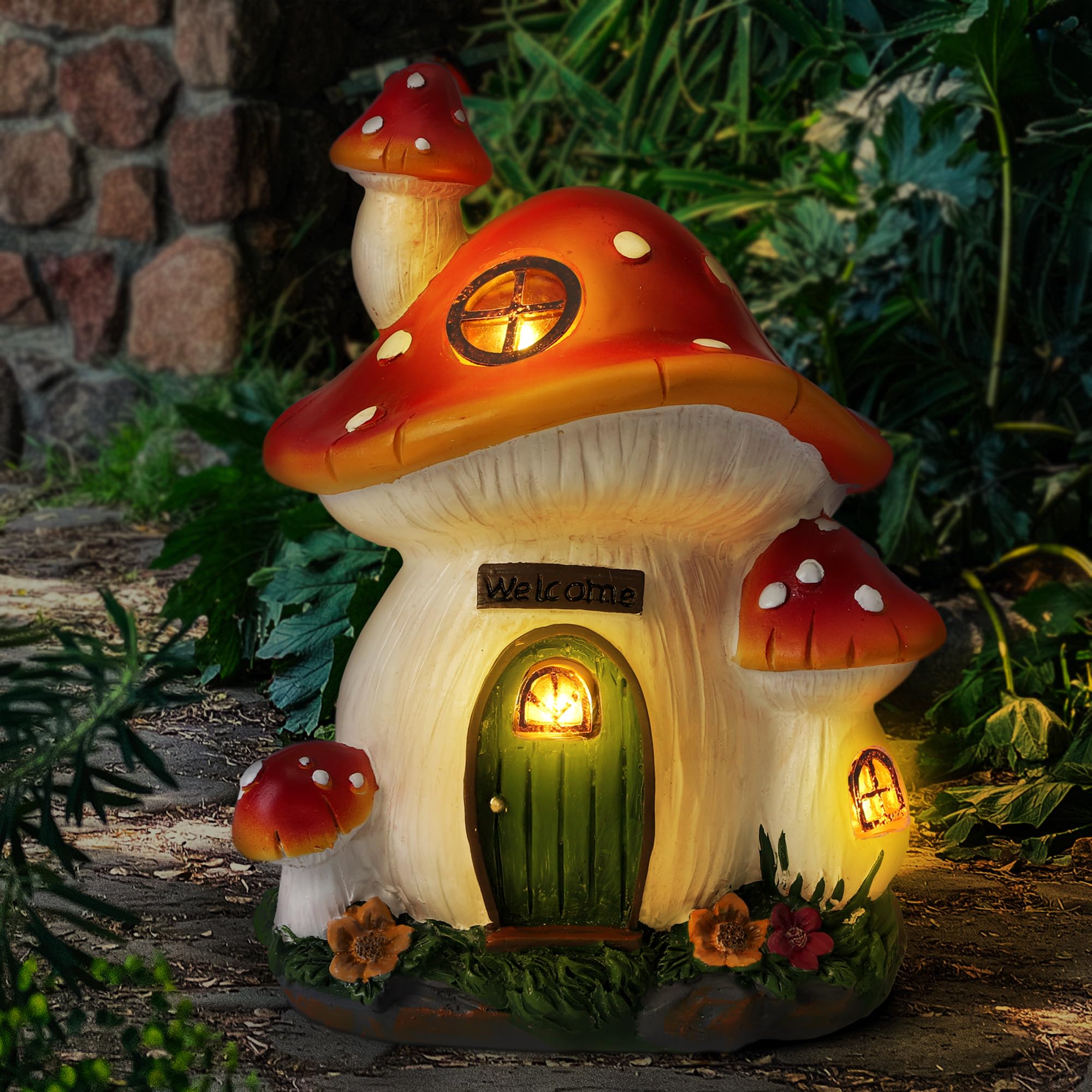 Photo 1 of FHWTY Mushroom House Garden Statue Outdoor, Solar Light Mushroom House Garden Figurines for Lawn, Balcony, Yard Decoration, Outdoor Garden Decoration