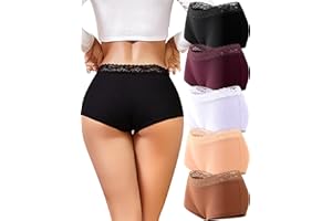 FINETOO Underwear Womens Cotton Boyshorts Lace Boxer Briefs Soft Full Coverage Women Panties 5 Pack S-XXL