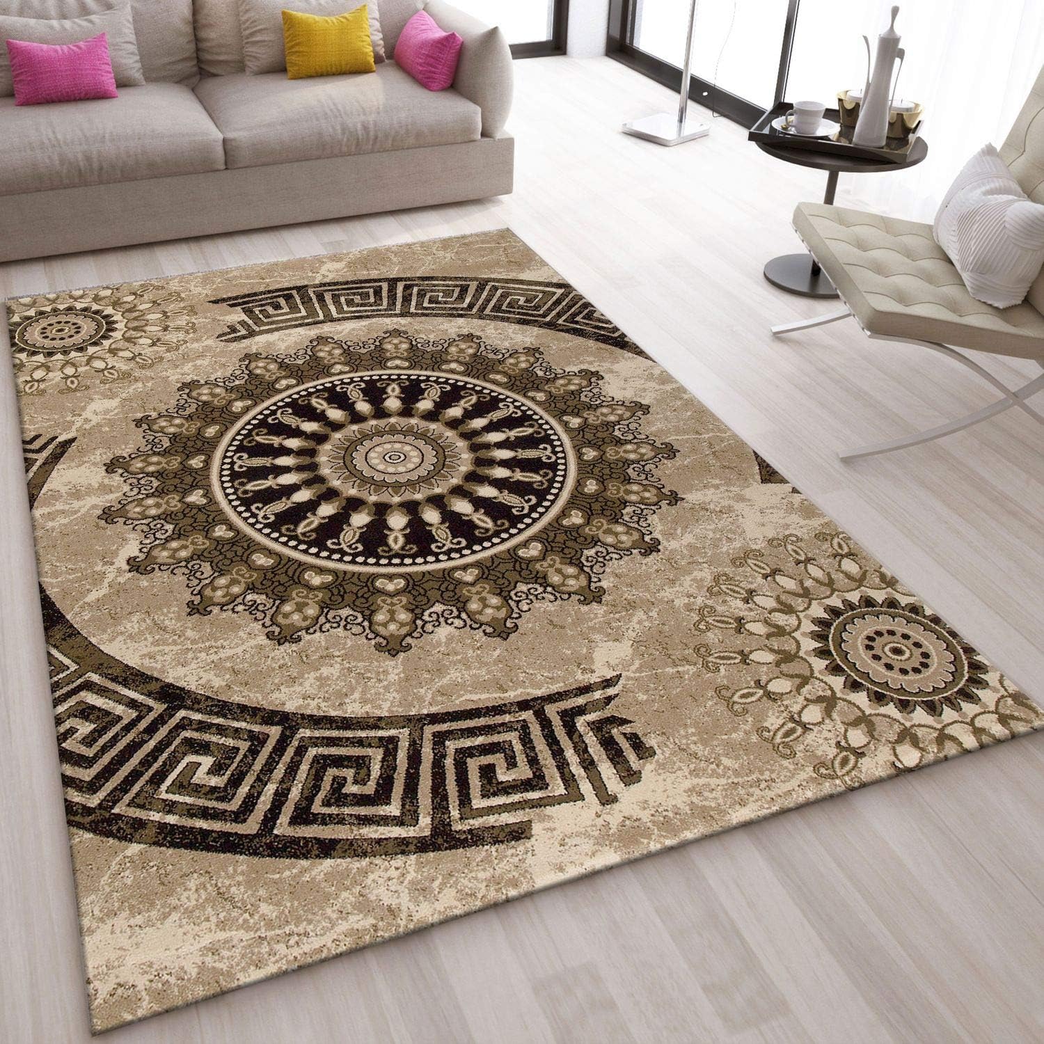 VIMODA tibet6447 Carpet Classic Patterned Circle Dich Woven Mottled Ornaments Pattern Brown/Beige/Black - multicoloured, 120 x 170 cm