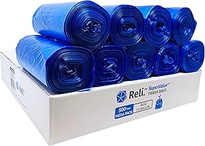 Reli. SuperValue 13 Gallon Recycling Bags (500 Count, Bulk) Blue Trash Bags 13 Gallon - Garbage Bags (13 Gal - 16 Gal Tall Kitchen Garbage Bags in Bulk), Blue