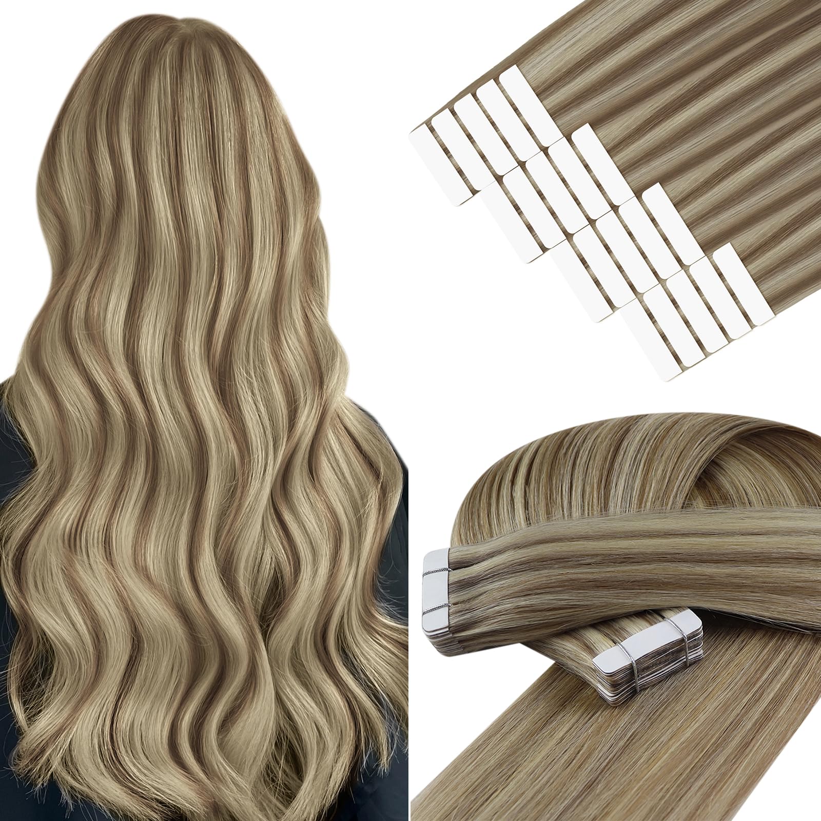 YoungSee Tape in Extensions Human Hair Highlight Brown Tape Remy Hair Extensions Light Brown Highlight Blonde Tape-in Hair Add Volume and Fullness 16 Inch 20pcs 50g — image 1