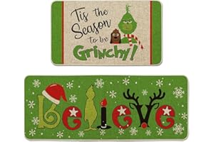 EOHX Grinch Christmas Decorations Kitchen Rugs and Mats Set of 2,Non-Slip, Washable, Stain and Fade Resistant, Suitable for Indoor Holiday Parties 17x 44+17x24 Inches
