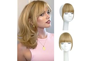 DINKYTIMS Clip in Bangs 100% Real Human Hair Bangs Hair Clip Blonde French Fake Bangs,Clip on Bangs for Women Faux Bangs Clip in Hair extensions/Pieces with Hair Roller