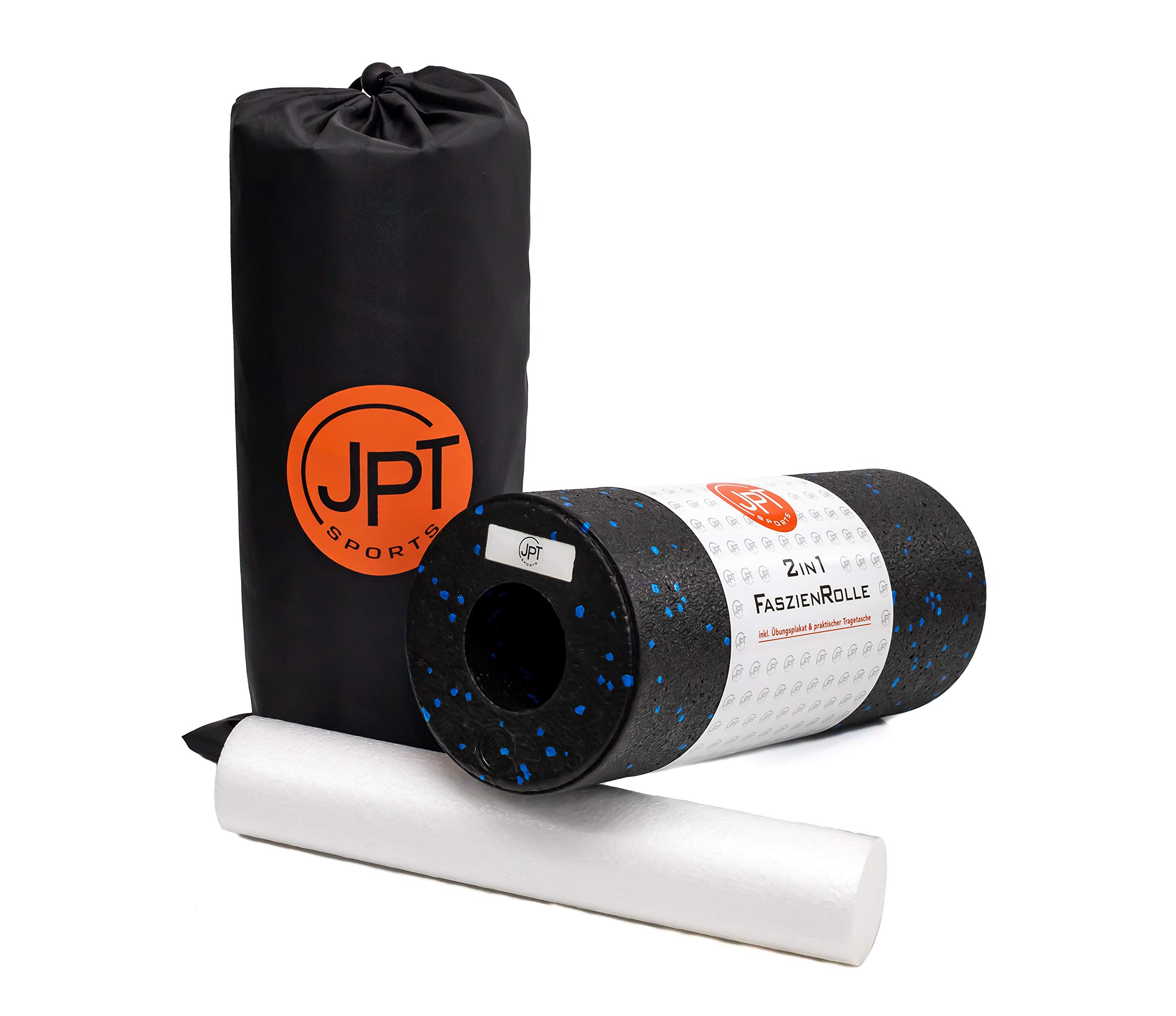JPTsports 2-in-1 Fascia Roller with eBook and Practical Carry Bag, High-Quality Massage Roller for Back, Legs, Spine, Foam Roller for Fascia Training (Black/Blue)