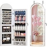 LVSOMT Wall Mounted Jewelry Organizer Lockable, 43"x16" Door Hanging Arched Mirror with Lights and Jewelry Storage, 6 LEDs Jewelry Cabinet (White)