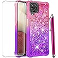 CAIYUNL for Samsung Galaxy A12 Case with Tempered Glass Screen Protector,Women Girls Glitter Bling Floating Liquid Cute Soft TPU Shockproof Protective Phone Cover for Samsung Galaxy A12-Pink/Purple