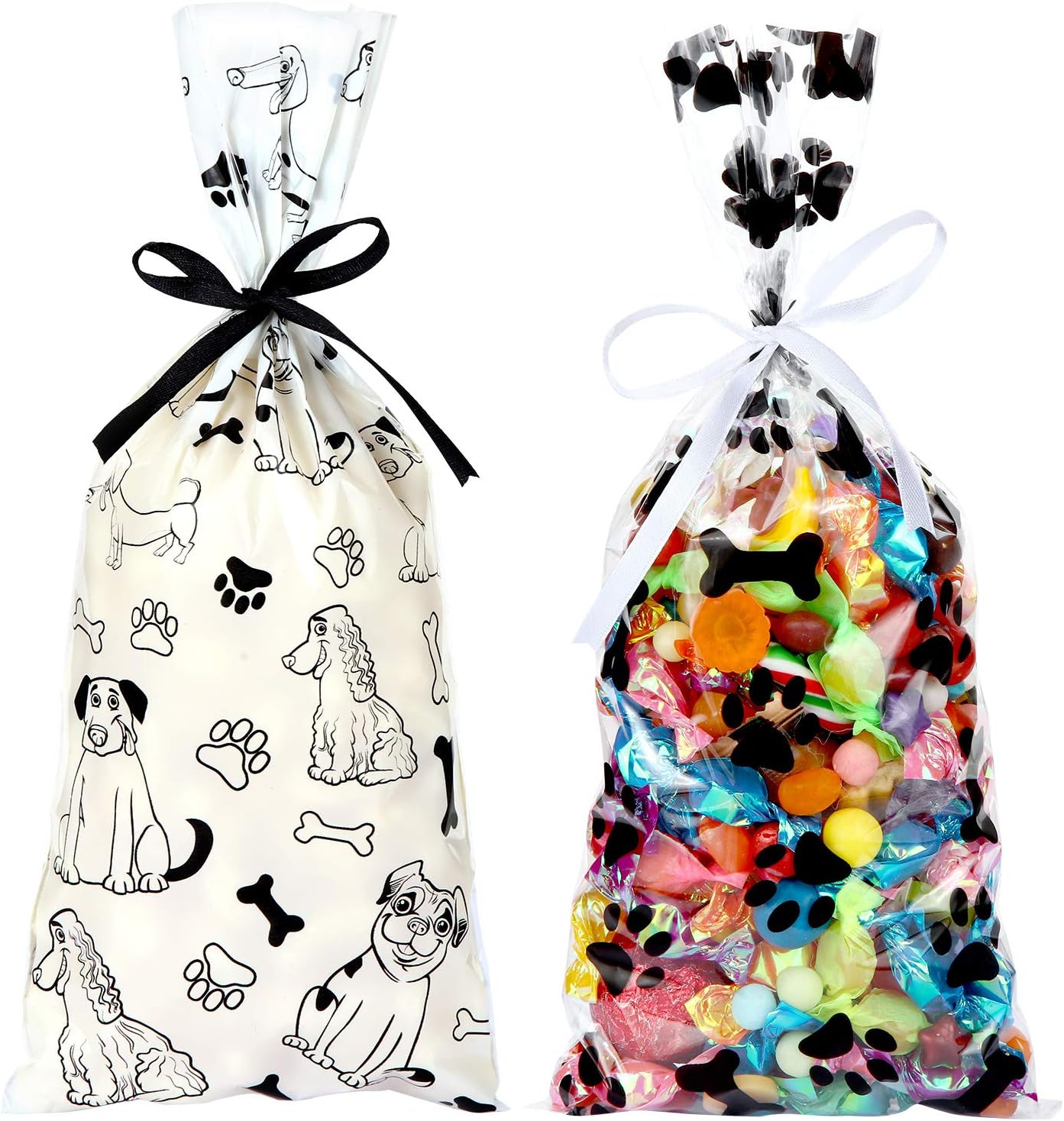 100 Pieces Dog Paw Bone Print Treat Bags Puppy Dogs Cellophane Bags Candy Gift Bags with 2 Rolls Ribbon Ties for Pet Treat Party Favor (Dog Pattern Style): Health & Personal Care