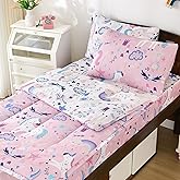 DJY Zipper Bedding Set Twin, Pink Unicorn Bedding Sets for Girls, Kids Comforter Set with Fitted Sheet Pillowcases, All in One Zipper Bed Set for All Seasons