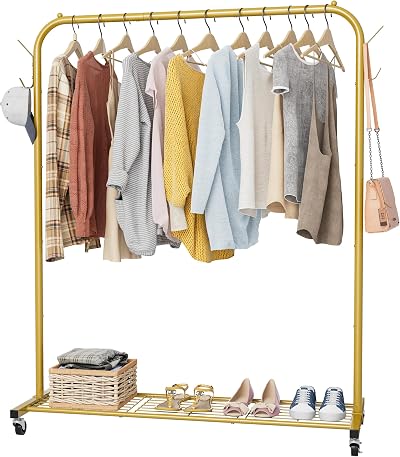 HOMIDEC Clothes Rail Portable Rack with Wheels and Shelf, Holds 40kg Golden