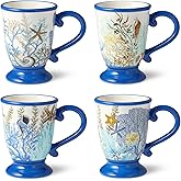 Blue Lagoon Set of 4 Ceramic Mugs – 14 oz Coastal Coffee Cups with Coral White and Ocean Blue Design, Perfect for Hot Drinks, Tea, and Cocoa – Durable and Stylish Coastal-Inspired Pedestal Mugs