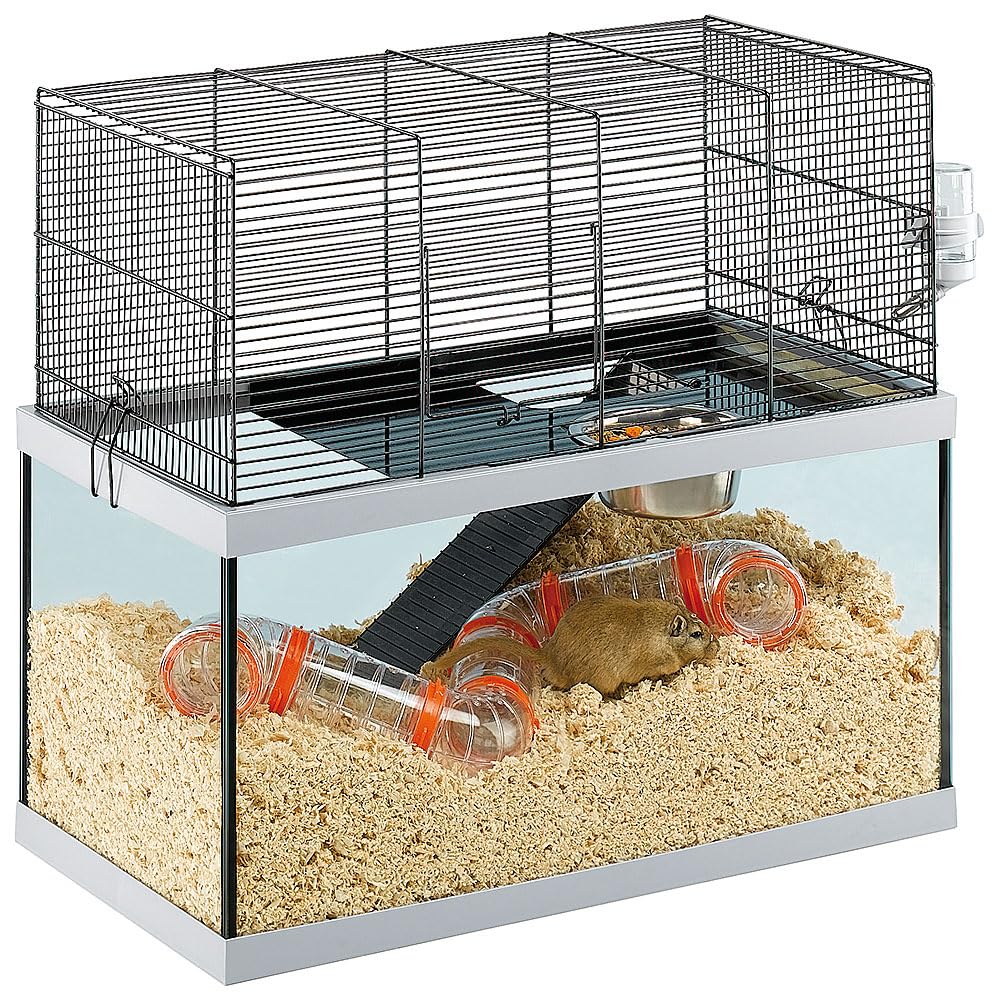 Ferplast Rodent Cage GABRY 60 for Gerbils, Hamsters, in Metal and Glass, Accessories included: Bowl, Drinking bottle, Shelf, Ladder, Pipe set. 60x31,5xh52cm