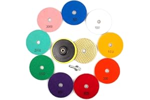 ADVcer Wet Diamond Polishing Pads Set, 4" 10 Pads 50 to 3000 Grit with Hook and Loop Backing Holder Disc - Ideal Buffing Kit for Granite Concrete Marble Stone Countertop Tile Floor Grinder or Polisher