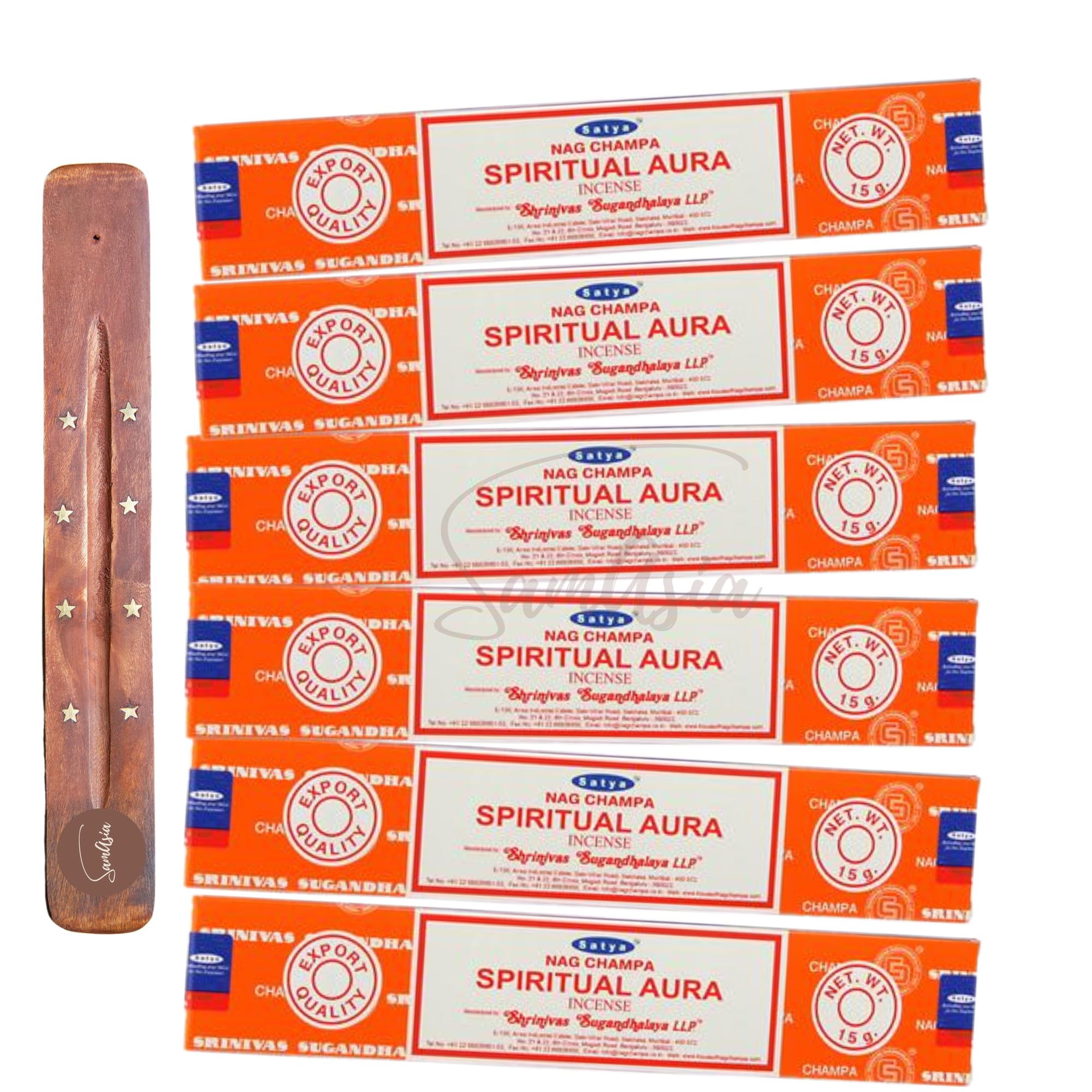 Satya Nag Champa Spiritual Aura Incense Sticks | x6 pack | with SAMASIA incense sticks holder | Used for Aromatherapy, Spa, Yoga, Weddings, Meditation, Healing, Positivity and Relaxation
