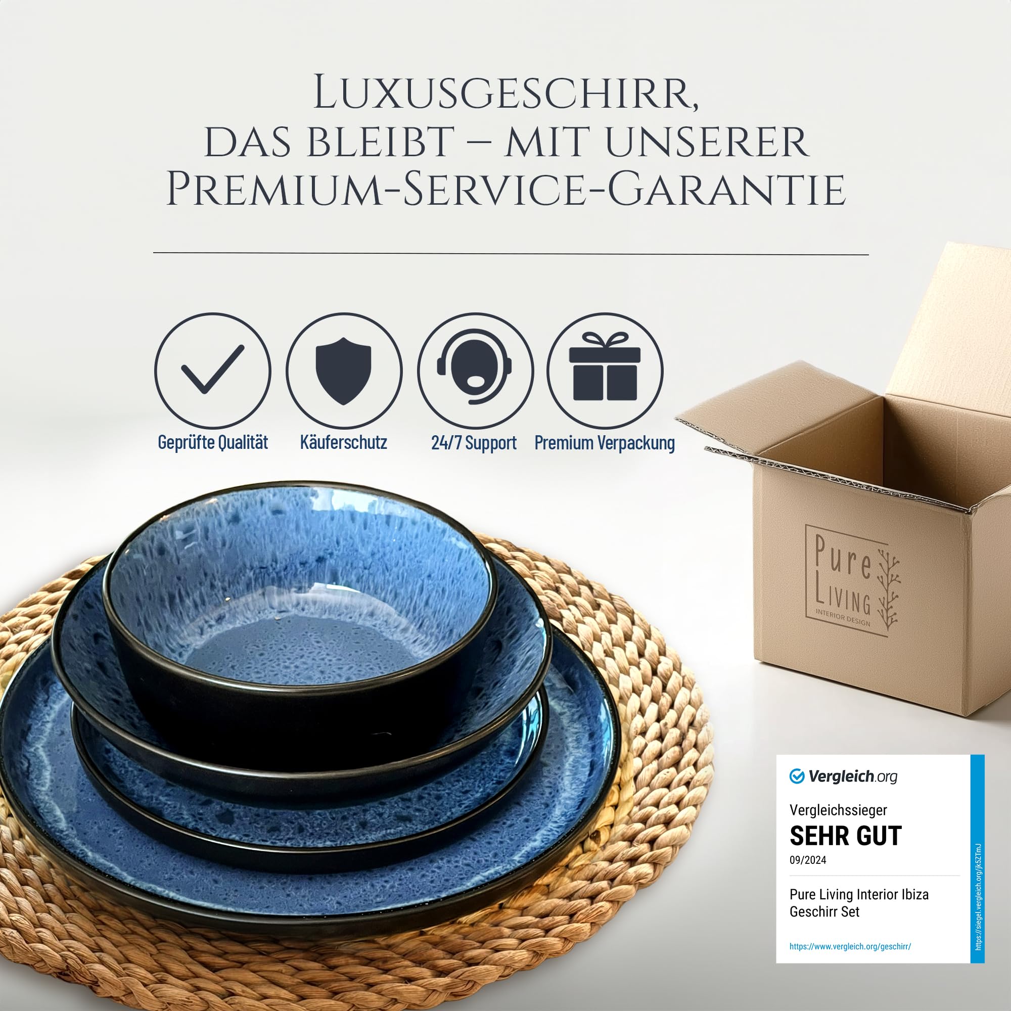 Steingut Geschirrset 6 Personen Ibiza 24 tlg. TESTSIEGER, Traumhaftes Mediterranes Steingut Geschirr Set, Schüssel- und Teller Set, Tafelservice 6 Personen, Geschirrsets Pure Living in Tiefblau 7