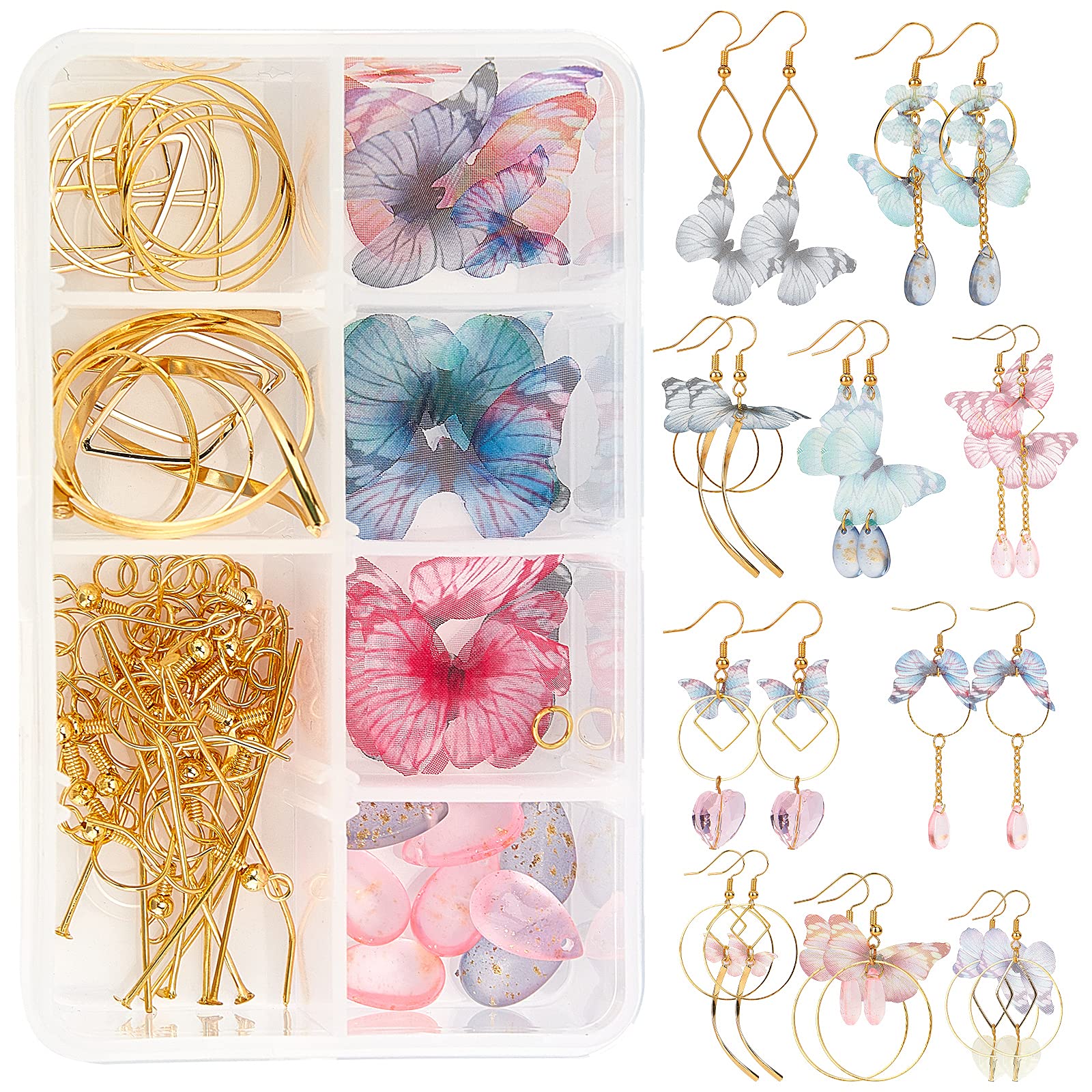SUNNYCLUE 1 Box DIY 10 Pairs Fabric Butterfly Dangle Earring Making Kit Boho Lightweight Loop Drop Butterfly Earrings Heart Teardrop Crastal Beads for Jewelry Making Supplies Craft Instruction