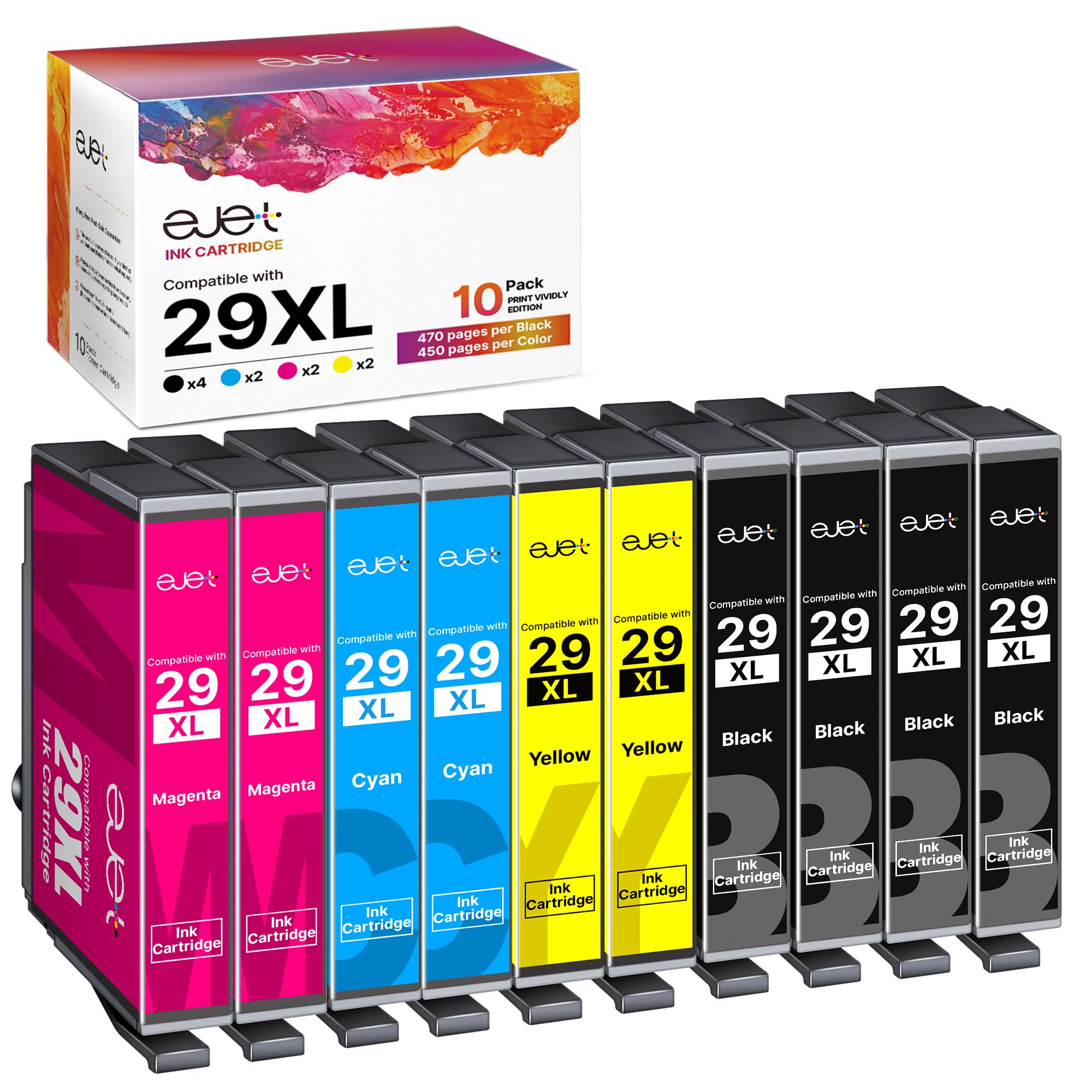 ejet 29XL Ink Cartridge Compatible for Epson 29 XL Ink for Expression Home XP-342 XP-335 XP-235 XP-442 XP-352 XP-247 XP-255 XP-332 XP-345 XP-432 XP-435 (Black Cyan Magenta Yellow，10 Pack）