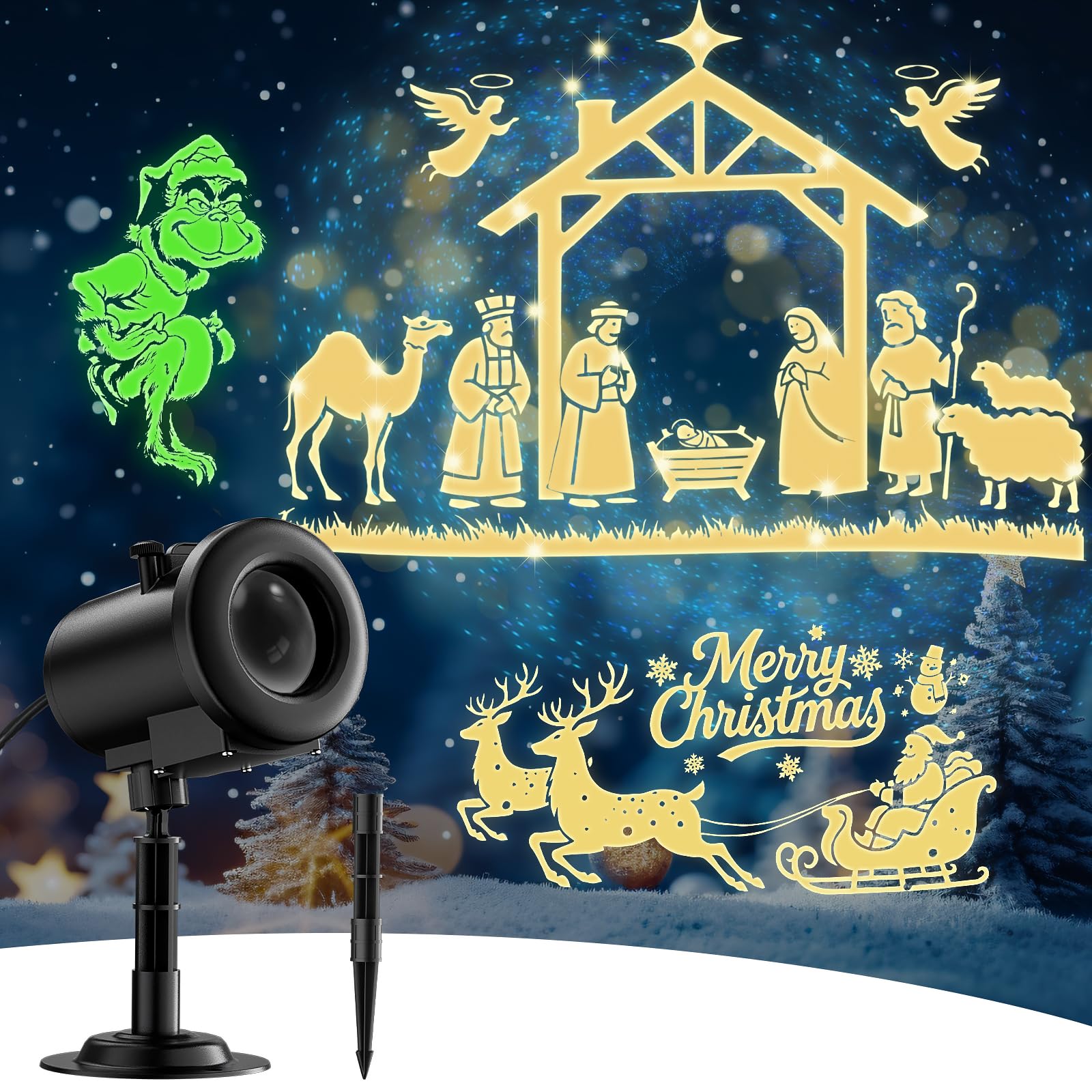 Photo 1 of 12 in 1 Nativity Scene Christmas Projector Lights Outdoor Indoor - 3D Dynamic Jesus/Santa Sleigh/Ghost/Spider/Bat Christmas Decorations,Waterproof Holiday Lights for Window Wall Party Holiday Decor