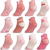 Tphon Toddler Girls Socks with Grips Baby Anti Slip Ankle Socks 12 Pairs Kids Cute Cartoon Patterns Sock for 6M-7Years
