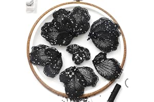 HHQ Black Beaded Appliques Embellishments for Dresses Handmade Sparkling Lace Flower Patches Sewing Beads Stones Sequins Bling Bodice Applique Rhinestone DIY Decorative Clothes (SJ01-BK)