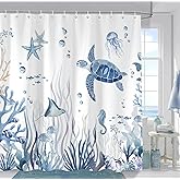 Yuphive Sea Turtle Shower Curtain, Blue Ocean Nautical Coastal Bath Curtains for Bathroom, Underwater Starfish Seashell Coral Seahorse Decor Waterproof Fabric Shower Curtain Sets 12 Hooks 72X72 in
