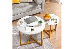 SMOOL Nesting Coffee Tables - Small Round Coffee Table Set of 2, Living Room Tables with Unique Marble Grain Top and Metal Frame, Nesting Tables for Small Spaces, Easy to Assemble, White