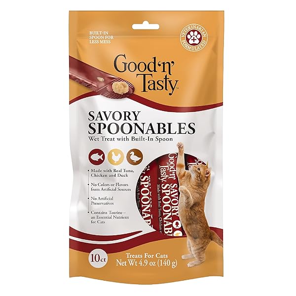 GOOD ‘N’ TASTY SAVORY SPOONABLES WITH REAL TUNA, CHICKEN AND DUCK FOR CATS, 10 COUNT, TREAT YOUR CAT TO TRIPLE FLAVOR SQUEEZABLE LICKABLE WET TREATS WITH BUILT-IN SPOON FOR LESS MESS