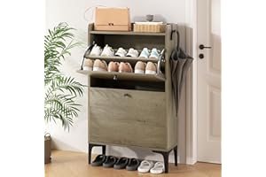Dripex Shoe Storage Cabinet with 2 Flip Drawers, Farmhouse Shoe Cabinet for Entryway, Hidden Slim Narrow Storage Rack Freestanding Organizer with Metal Legs and Side Hooks, 23” Wash Grey