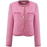 Hobemty Women's Tweed Blazer Button Down Long Sleeve Open Front Business Casual Cropped Jacket