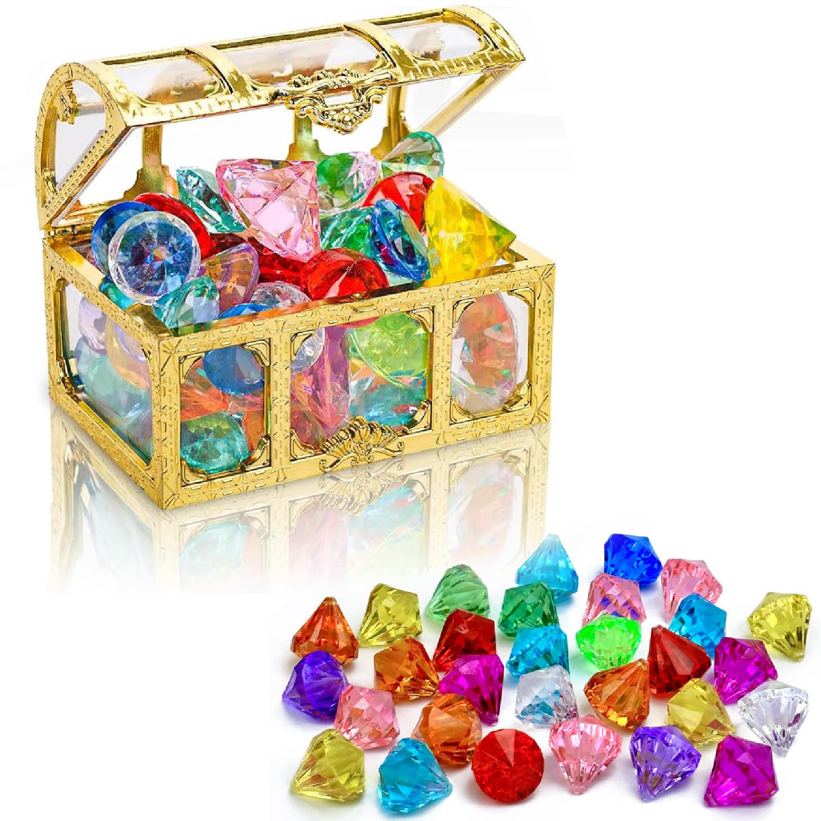 30PCS Diving Gem Pool Toy, Colourful Diamonds Set Gem with Treasure Pirate Chest Box Treasure Hunt Toy for Crafts Party Summer Swimming Toys Birthday Swimming Pool Party Christmas Easter Prizes