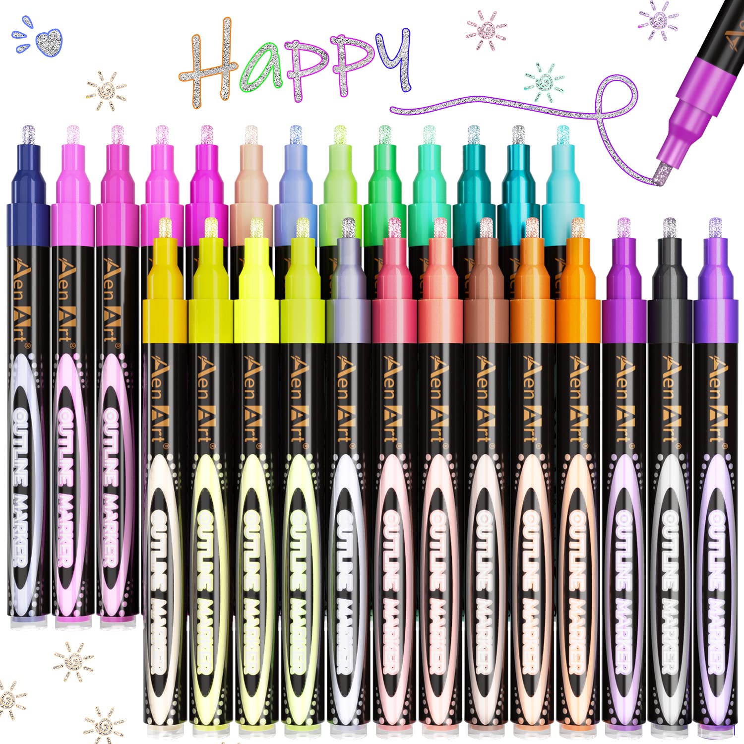 Aen Art Double Line Pens, 26 Colors Shimmer Outline Marker, Self-Outline Metallic Pen Art Supplies for Teen Girl Birthday Gifts