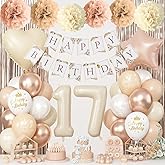17th Cream Birthday Decorations for Girls, Beige Foil Number Heart Brown Star Balloons Neutral White Gold Nude Balloons with Boho Happy Birthday Banner Fringe Curtain Paper Pom Poms Baby Shower Decor