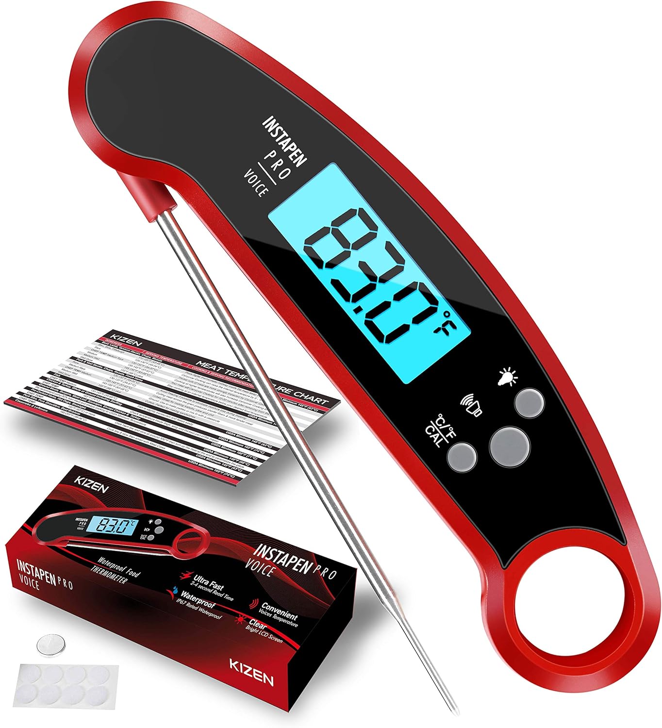 Kizen Instapen Pro Instant Read Meat Thermometer - Best Waterproof Thermometer with Talking Function, Backlight & Calibration. Digital Food Thermometer for Kitchen, Outdoor Cooking, BBQ, and Grill!: Industrial & Scientific